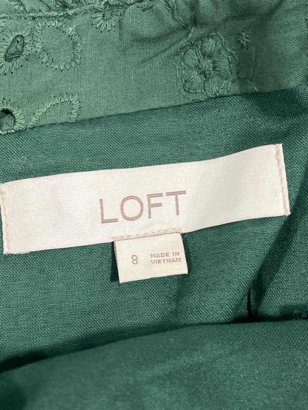 LOFT Green Eyelet Midi Dress 8 Ruffle Neck Romantic Fit & Flare Garden Party - Picture 2 of 12